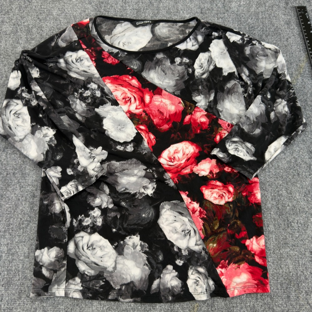 Ellen Tracy Floral Print 3/4 Sleeve Boat Neck Top Black Red Size M